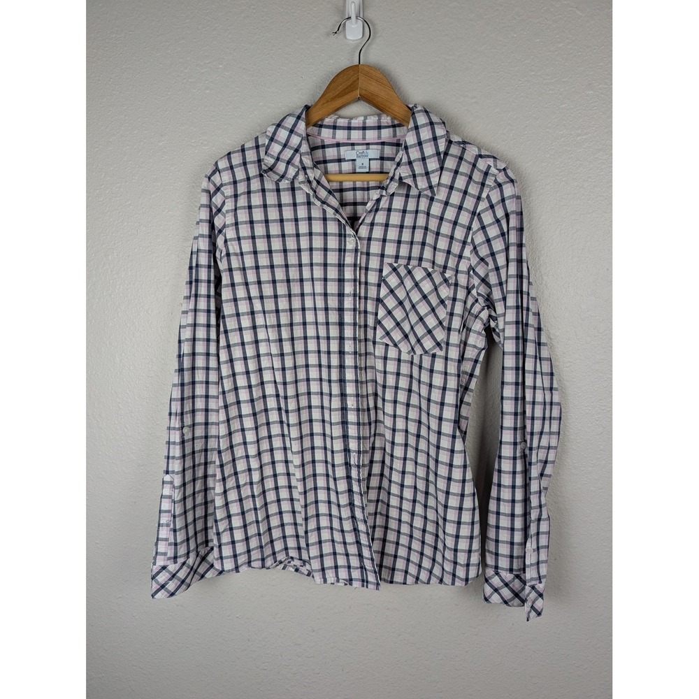 Croft & Barrow Shirt Womens Medium‎ Pink Navy Plaid Button Front Stretch